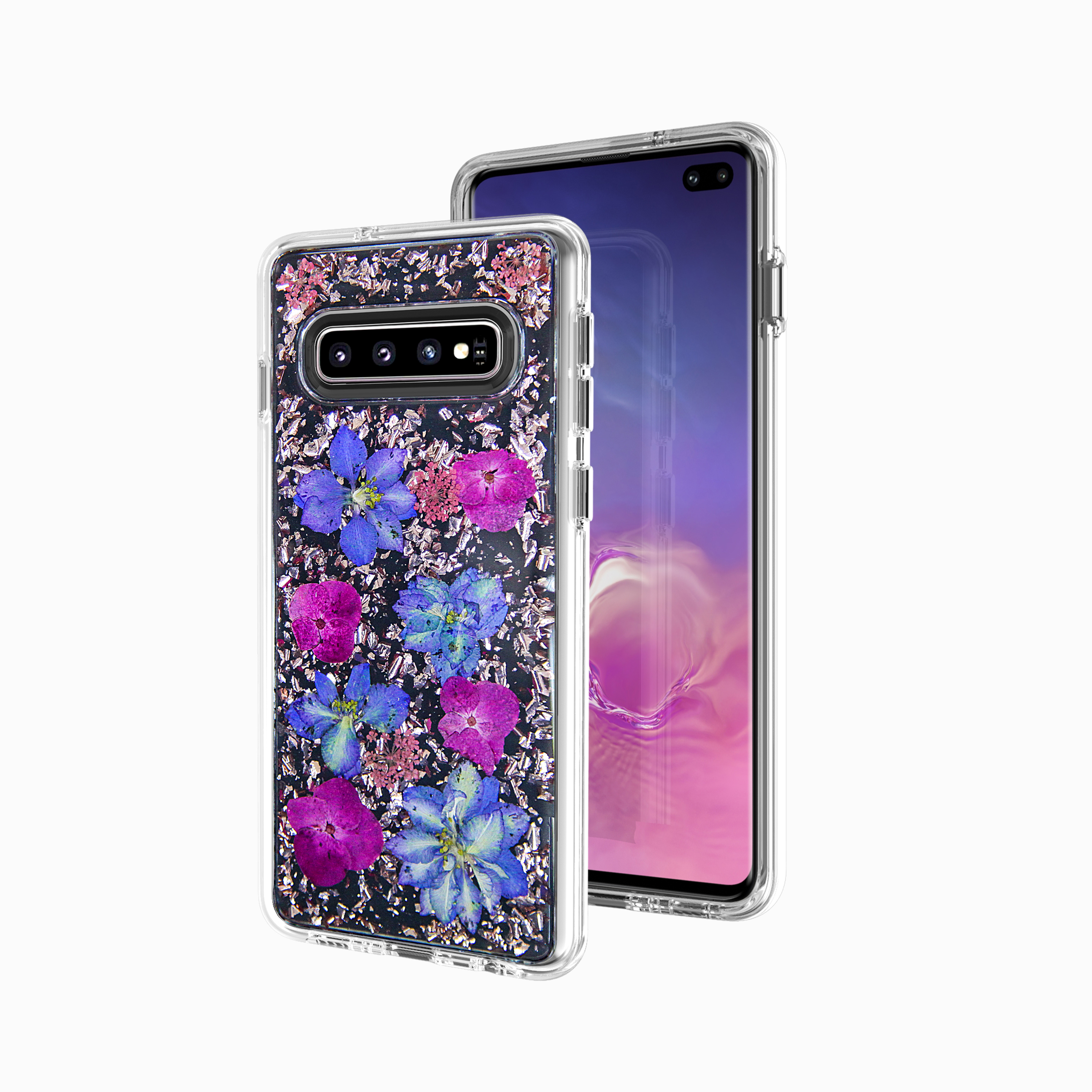 Galaxy S10 Luxury Glitter Dried Natural Flower Petal Clear Hybrid Case (Rose GOLD Purple)